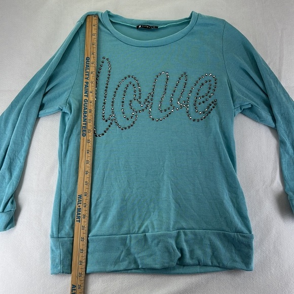 Libian Long Sleeve Shirt Sweater Blouse Love Rhinestone Blue Womens Size 1X - Picture 5 of 8